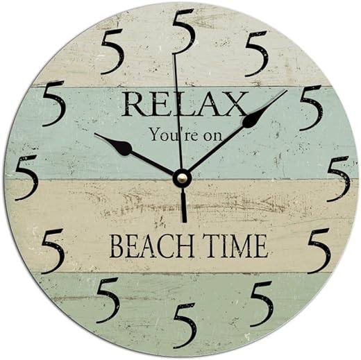 ArogGeld Five O'Clock Coastal Clock Wall Clock 10 Inch Battery Operated Large Decorative Wall Clock Silent Round Wood Wall Clock Hanging Clocks for Bedroom Decor Living Room Clocks