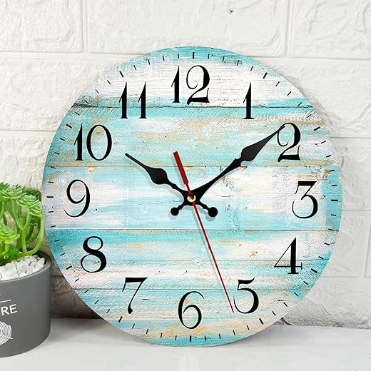 ArtSocket Wooden Pattern Wall Clock Silent Non-Ticking, Vintage Beach Wood Old Teal Round Rustic Wall Clocks Decor for Home Kitchen Living Room Office, Battery Operated(12 Inch)