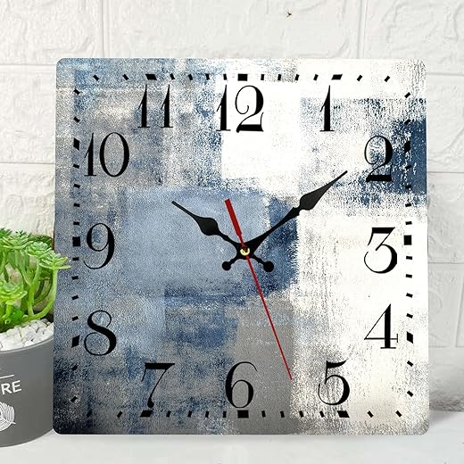 ArtSocket Wooden Wall Clock Silent Non-Ticking, Blue Grey Abstract Painting Gray Contemporary Square Rustic Coastal Wall Clocks Decor for Home Kitchen Living Room Office, Battery Operated (12 Inch)