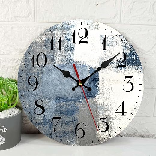 ArtSocket Wooden Wall Clock Silent Non-Ticking, Blue White Grey Abstract Painting Gray Vintage Modern Lines Round Wall Clocks Decor for Home Kitchen Living Room Office(12 Inch)