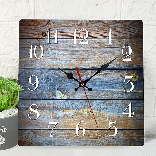 ArtSocket Wooden Wall Clock Silent Non-Ticking, Brown Blue Wood Grain Crack Retro Contemporary Wooden Square Rustic Wall Clocks Decor for Home Kitchen Living Room Office, Battery Operated(12 Inch)