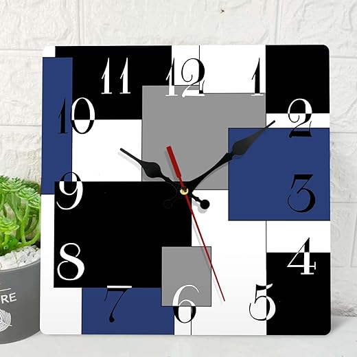 ArtSocket Wooden Wall Clock Silent Non-Ticking, Navy Blue Grey Black Abstract Geometric Minimalist Square Rustic Wall Clocks Decor for Home Kitchen Living Room Office, Battery Operated(12 Inch)