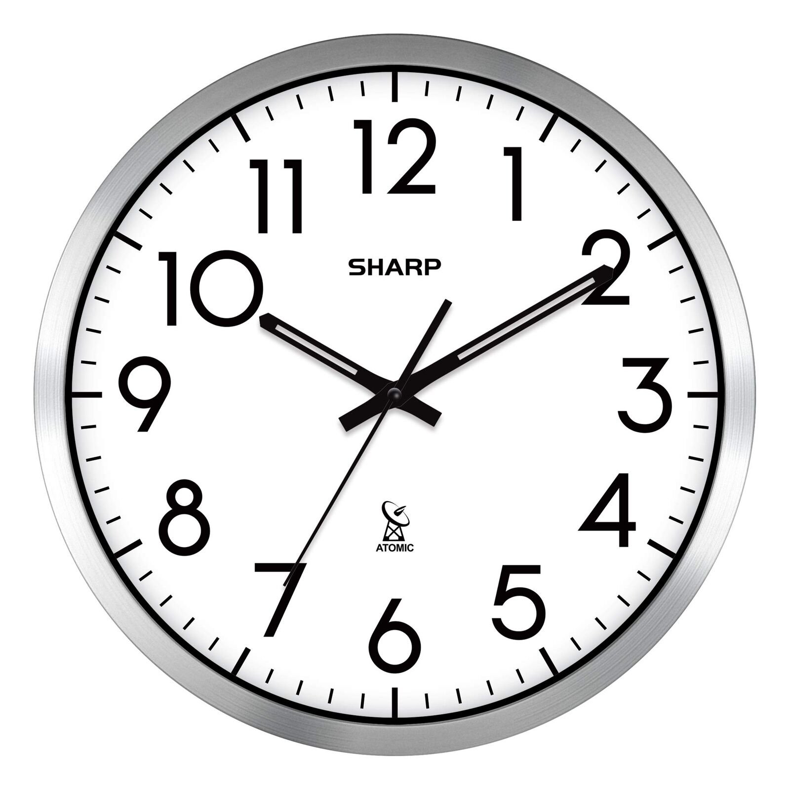Atomic Analog Wall Clock - 12" Silver Brushed Finish Sets Automatically- Batt...