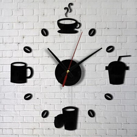 AURIGATE Coffee Cups Beans 3D DIY Wall Clock Acrylic Stickers Quartz Modern Home Decoration Retro Kitchen Wall Clock Silent Watch Decals