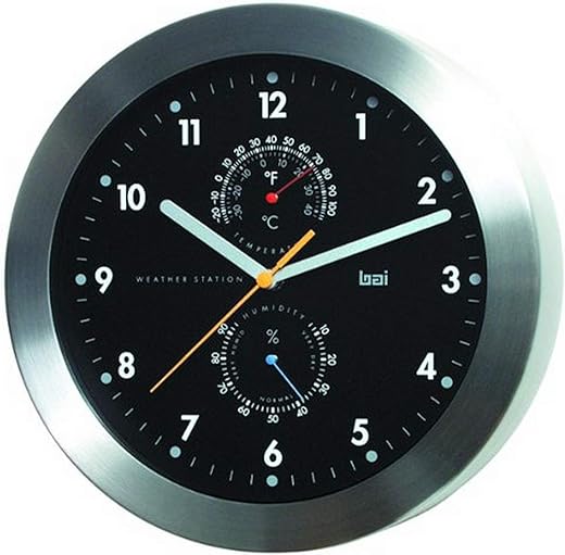 BAI Brushed Aluminum Weather Station Wall Clock, Black