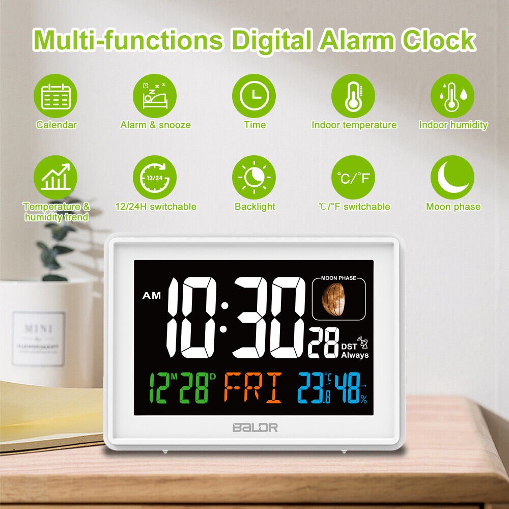 BALDR Atomic Alarm Clock in Color Calendar Moon Phase Temperature and Humidity