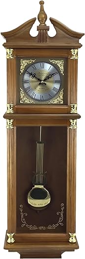 Bedford Clock Collection 34.5 Inch Chiming Pendulum Wall Clock in Antique Harvest Oak Finish