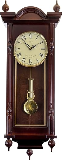 Bedford Clock Collection Grand 31 Inch Chiming Pendulum Wall Clock in Antique Mahogany Cherry Finish