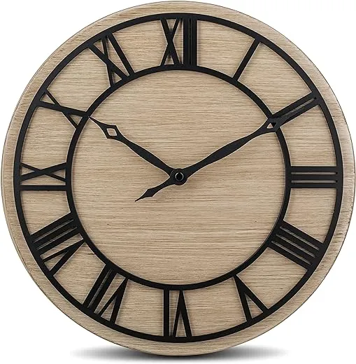 Bernhard Products Decorative Wall Clock 12 Inch Noiseless Farmhouse Rustic Metal Iron Frame