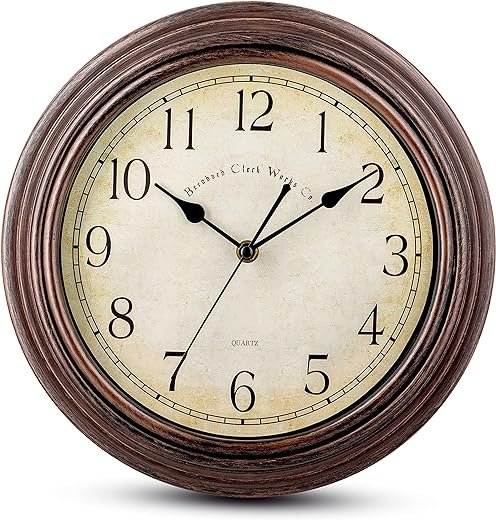Bernhard Products Vintage Wall Clock Silent Non Ticking - 12 Inch Quality Quartz Battery Operated Decorative Brown Clock for Home Kitchen Living/Dining Room Office Decor, Easy to Read, Rustic Bronze