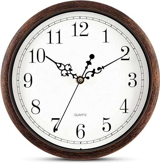 Bernhard Products Wall Clock 10 Inch Silent Non Ticking Movement Quality Quartz Battery Operated Round Easy to Read Decorative Brown Home/Kitchen/Office/Bedroom/Classroom/School Clocks, Black Numbers