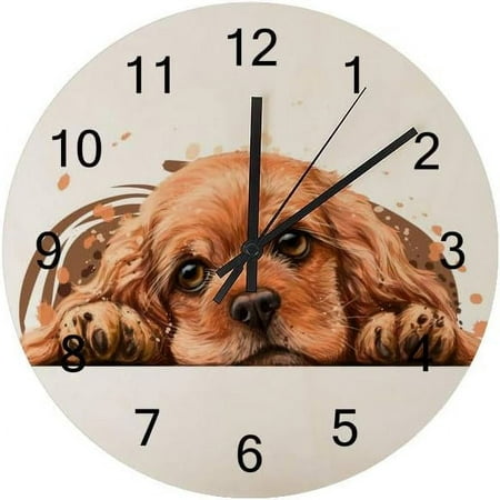 Bestwell Silent Wooden Round Wall Clock American Cocker Spaniel Non Ticking Battery Operated Clocks for Home Office Living Room Bedroom Home Wall Decor Gift