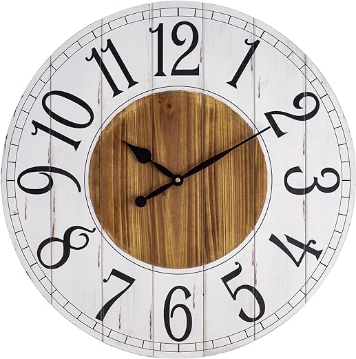 BEW 24 Inch Large Farmhouse Solid Wood Wall Clock for Living Room Decor, Silent Non Ticking Battery Operated Wall Clock, White-Brown Rustic Country Distressed Shiplap Round Clock for Kitchen, Bedroom