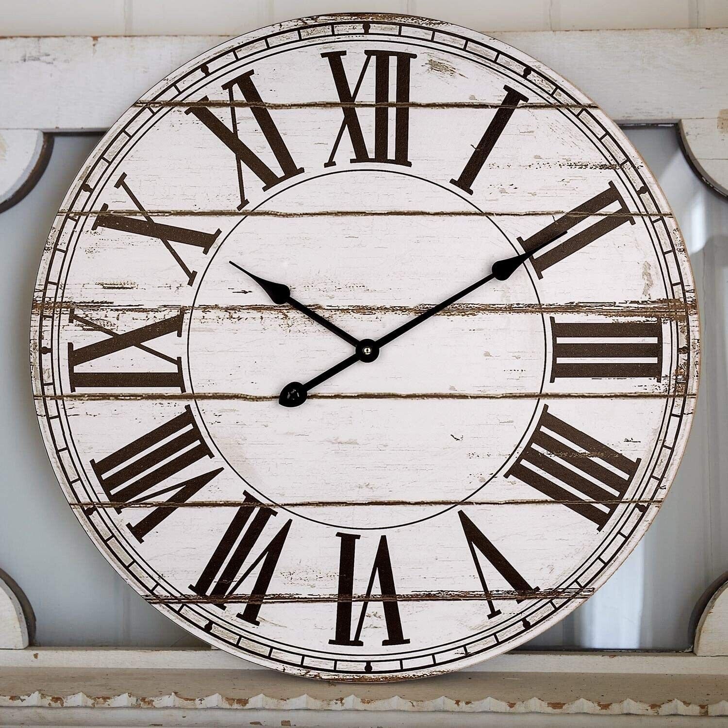 BEW Large Wall Clock, Rustic Farmhouse Distressed Shiplap Wall Clock, Silent ...