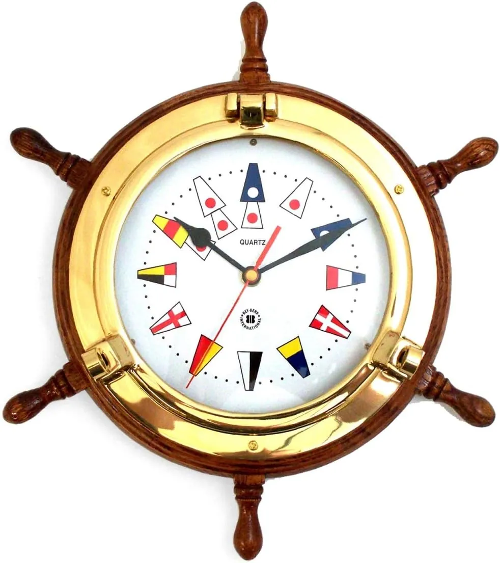 Bey-Berk Brass Porthole Clock on Oak Ships Wheel with Nautical Numbers - Tarnish Proof