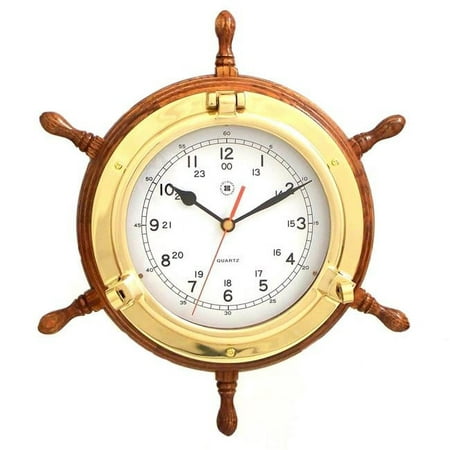 Bey-Berk International 13.5 in. Brass/Oak Ships Wheel, Clock - Tarnish Proof