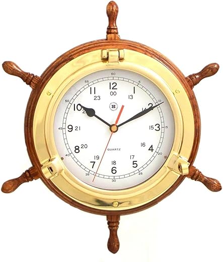 Bey-Berk International 13.5 in. Brass/Oak Ships Wheel, Clock - Tarnish Proof