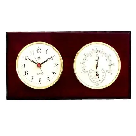 Bey-Berk International Brass Clock, Thermo./Hygro. on Mahogany T.P.