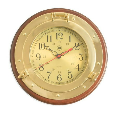 Bey-Berk International Brass Porthole Clock on Solid Wood - Tarnish Proof