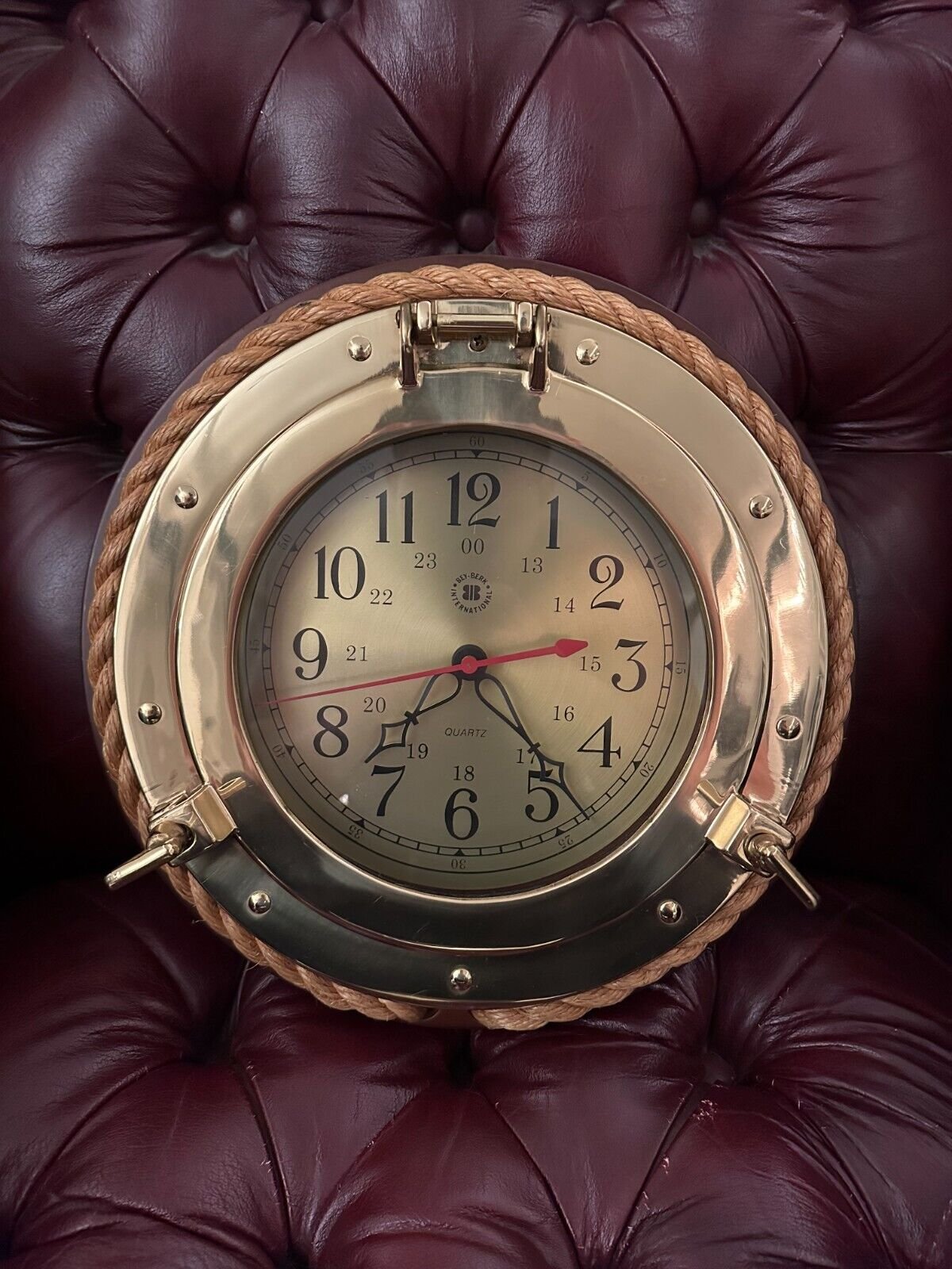 Bey-Berk International Brass Porthole Wall Clock w/ Fisherman's Rope Quartz 13"