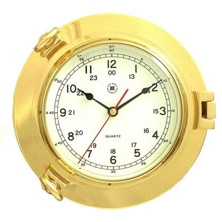 Bey-Berk International Lacquered Brass Porthole Quartz Clock with Beveled Glass, Gold - 9 x 2.5 in.