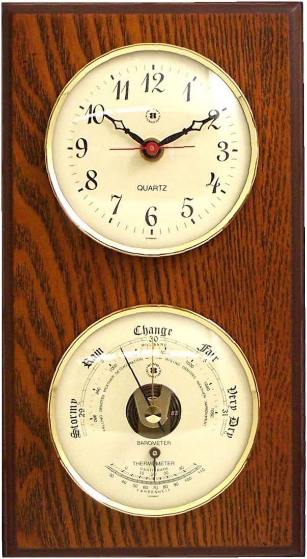 Bey-Berk WS113 Quartz Clock and Barometer with Thermometer on Oak Wood with Brass Bezel. Wall Mounts Vertically or Horizontally, 6 x 2 x 11, Brown