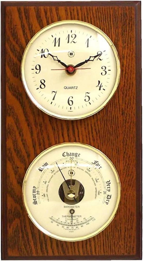 Bey-Berk WS113 Quartz Clock and Barometer with Thermometer on Oak Wood with Brass Bezel. Wall Mounts Vertically or Horizontally, 6 x 2 x 11, Brown