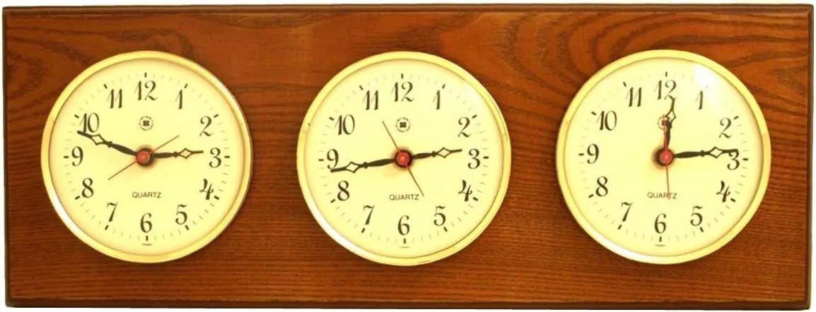 Bey-Berk WS115 Triple Quartz Clock on Oak Wood with Brass Bezel. Wall Mounts Vertically or Horizontally, Brown