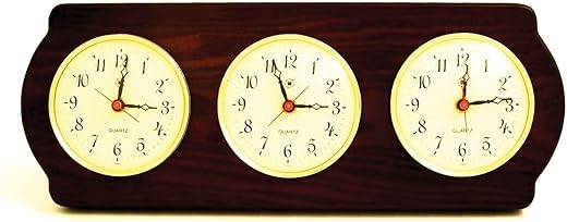 Bey-Berk WS415 Triple Quartz Clock on Ash Wood with Brass Bezel. Wall Mounts Vertically or Horizontally, Brown