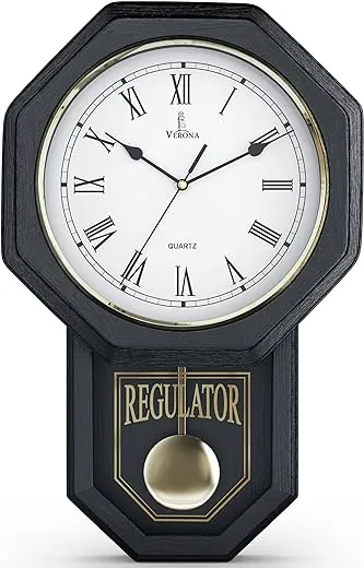 Black Pendulum Wall Clock Battery Operated - Regulator Clock - Wooden Schoolhouse Wall Clock with Pendulum - Wood Pendulum Clock - Decorative Wall Clocks for Living Room Decor, Home, Office 18x11