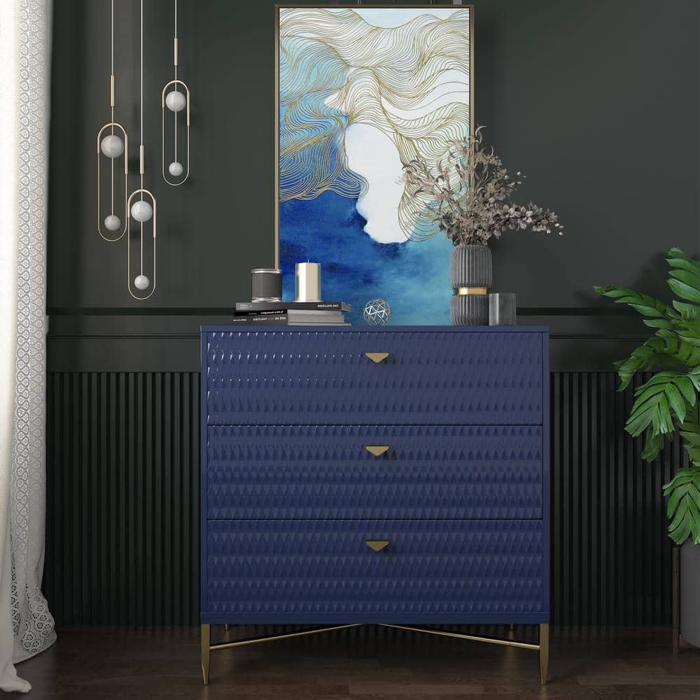Blue 3-Drawer Wood Nightstand with Square Support Legs