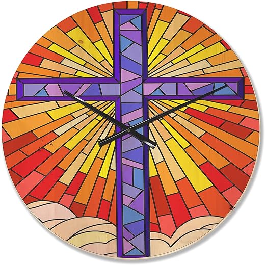 'Blue Holy Cross Stained Glass Style ' Rustic Wood Wall Clock Large Decorative Cottage/Country Wall Clock Oversized Wood Clocks for Living Room Décor