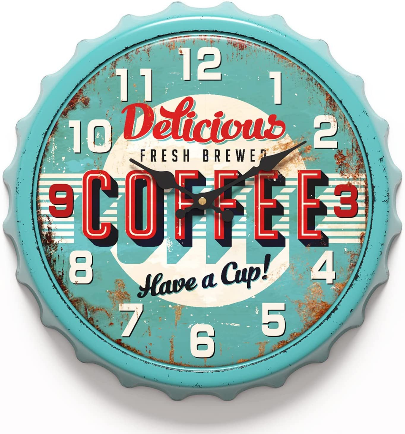 Bottle Cap Design Iron Retro Wall Clock, 13 Inch Vintage Style, Silent Non-Ticki