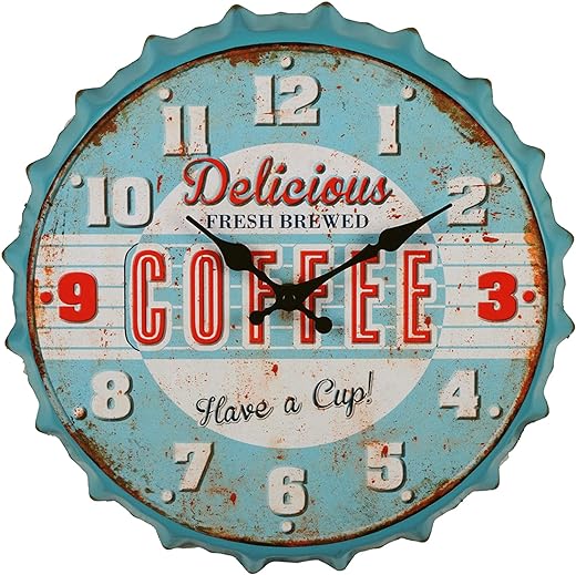 Bottle Cap Style 12inch Metal Wall Clock Creative Decor Clock Industrial Country Farmhouse Style Blue Rustic Clock for School/Kitchen/Beer bar/Restaurant/Cafe/Den