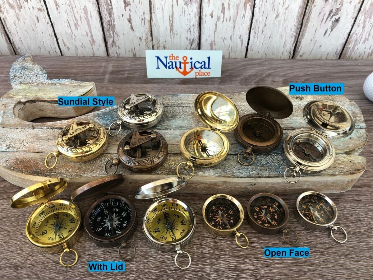 Brass Compass - Sundial, Push Button w/ Lid, Antique, Gold, Silver, Necklace