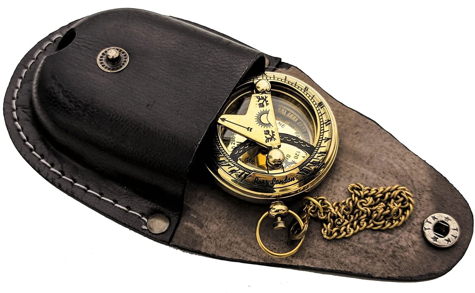 Brass Sundial Compass with Leather Case and Chain - Push Open Compass - Steam...