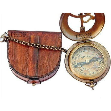 Brass Sundial Compass with Leather Case and Chain | Push Open Compass | Vintage Steampunk Accessory Pocket Compass | Beautiful Handmade Gift Sundial Clock | Antiquated Finish Pocket Compass