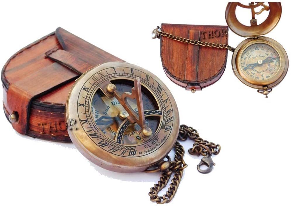 Brass Sundial Compass with Leather Case and Chain | Push Open Compass | Vintage Steampunk Accessory Pocket Compass | Beautiful Handmade Gift Sundial Clock | Antiquated Finish Pocket Compass