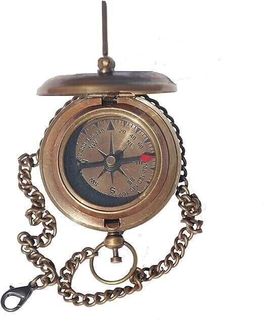 Brass Sundial Compass with Leather Case & Chain, Pocket Compass,