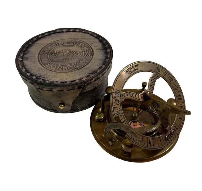 Brass Sundial Compass with Leather Case / Copper Dial Gilbert Sundial Camping