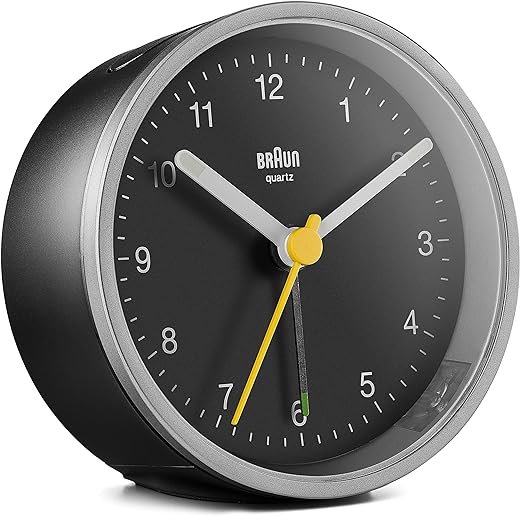 Braun Classic Analogue Alarm Clock with Snooze and Light, Quiet Quartz Movement, Crescendo Beep Alarm in Black and Silver, Model BC12SB.