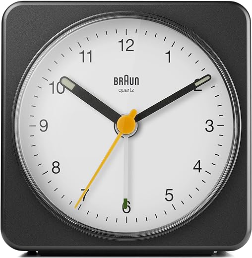 Braun Classic Analogue Alarm Clock with Snooze and Light, Quiet Quartz Sweeping Movement, Crescendo Beep Alarm in Black and White, Model BC03BW.