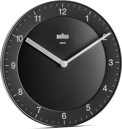 Braun Classic Analogue Wall Clock with Quiet Quartz Movement, Easy to Read, 20cm Diameter in Black, Model BC06B, One Size