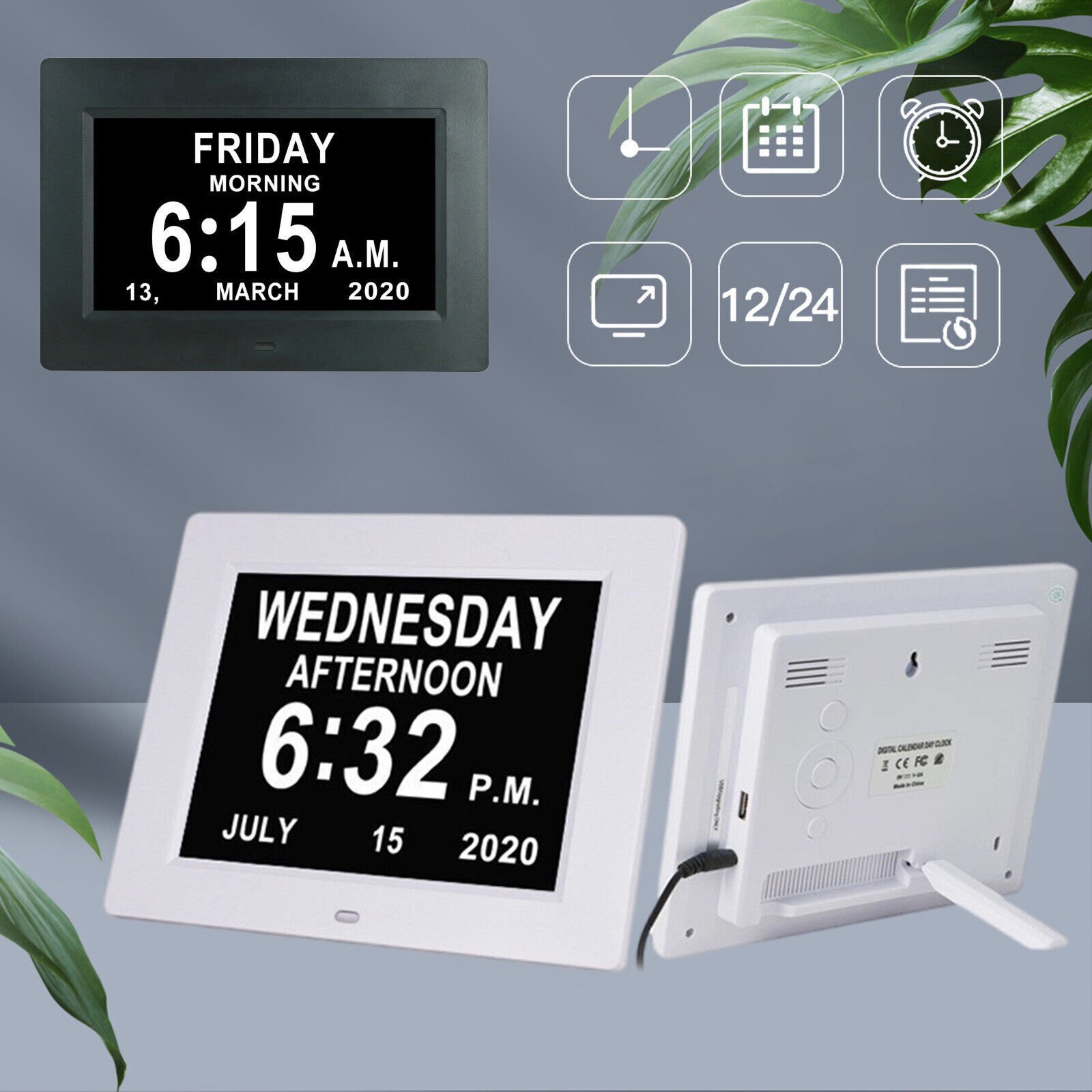 Calendar Digital Clock Alarm Day 8" Large Screen Display 5 Alarm Desk Wall