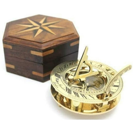 Casanova Nauticals Solid Brass Sundial and Compass in Hardwood Box - Polished Brass Sundial Compass