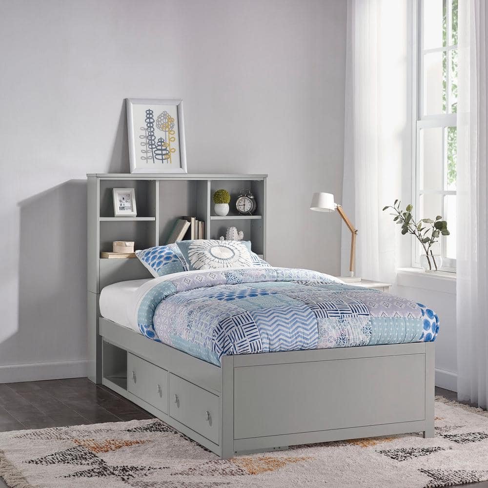 Caspian Gray Twin Bookcase Bed with Storage