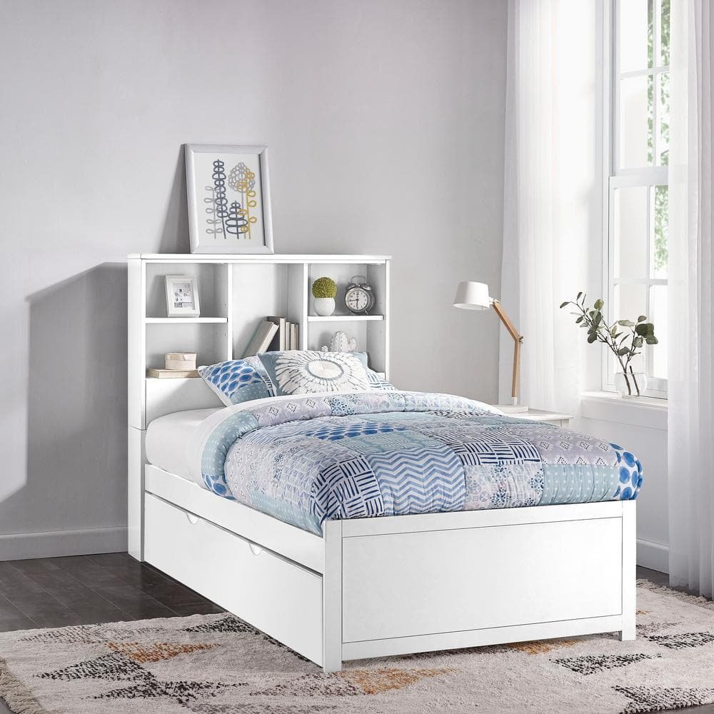 Caspian White Twin Bookcase Bed with Trundle