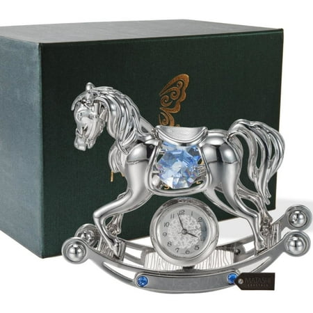 Chrome Plated Crystal Studded Silver Rocking Horse Desk Clock Ornament by Matashi