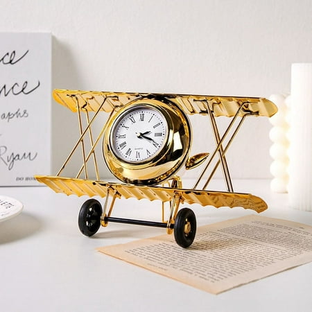 Ckraxd Retro Airplane Model Alarm Clock with Iron Artwork, Elegant European-Style Decor for Home or Office