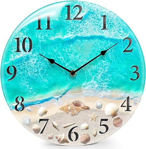 Coastal Nautical Glass Wall Clock with Seashell Design and Aesthetic Beach Theme - Battery Operated Silent Wall Decor for Home, Kitchen, Living Room, Office, Bedroom, or Bathroom (12 Inch,Teal)